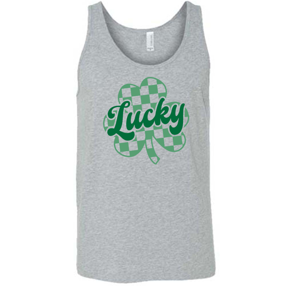 grey shirt with a checkered shamrock graphic on it