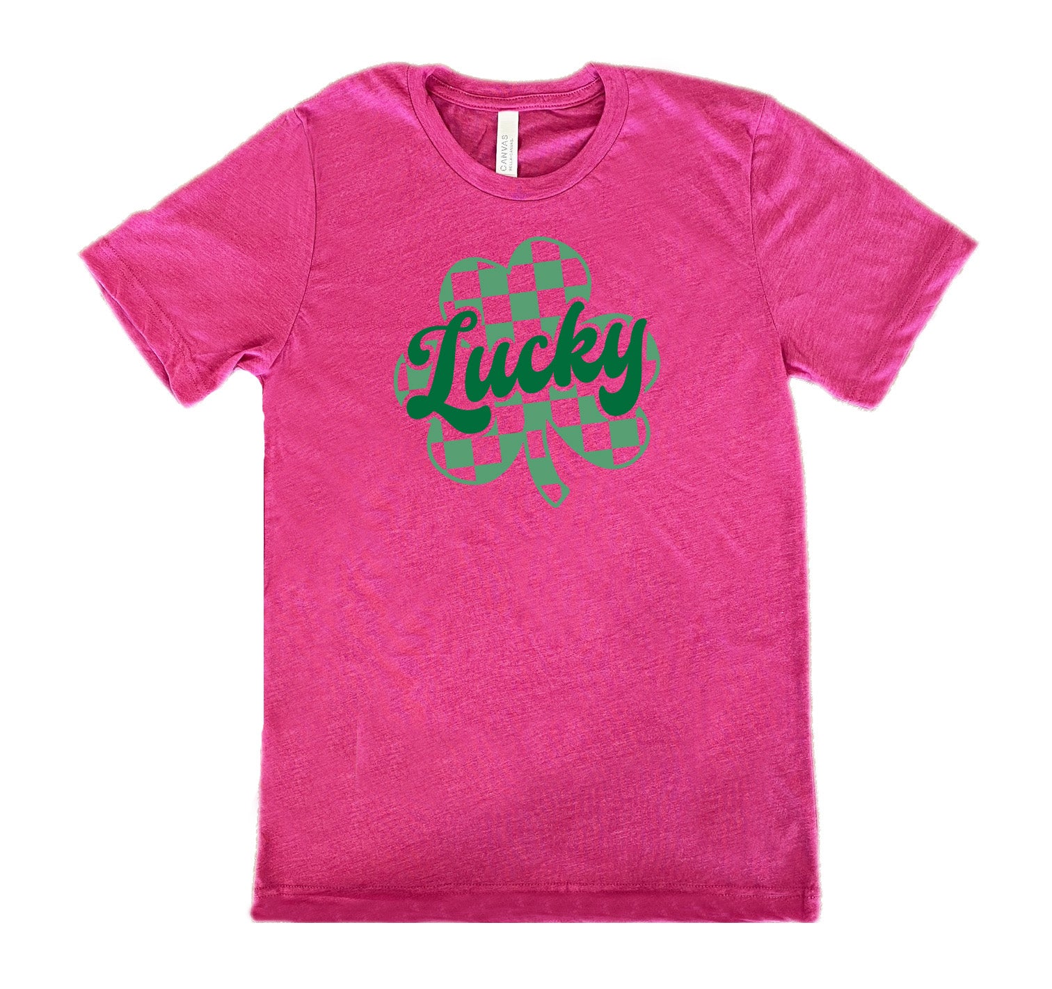 berry shirt with a checkered shamrock graphic on it