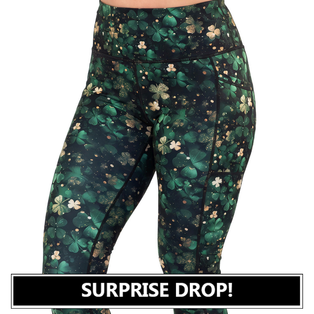 green and gold shamrock patterned leggings surprise drop