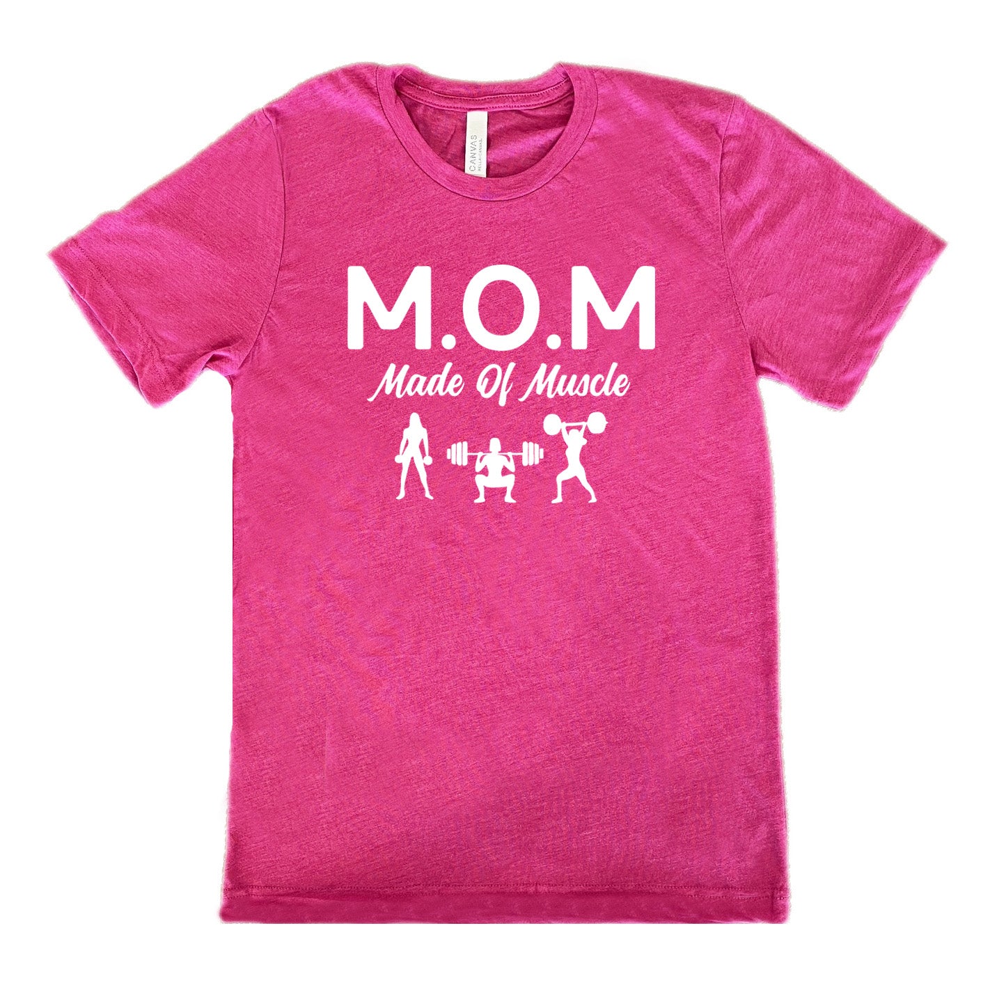 berry unisex tee with the word "mom" in large letters as an acronym for the smaller words below it saying "made of muscle", and the graphic of three female silhouettes holding weights