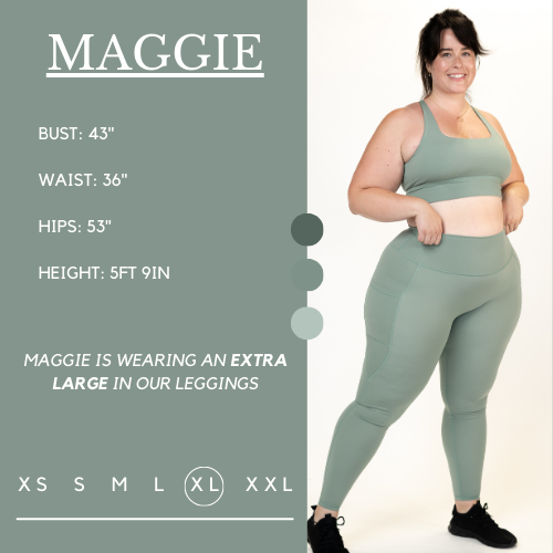 Model's measurements of 43 inch bust, 36 inch waist, 53 inch hips, and height of 5 foot 9 inches. She is wearing a size extra large in these leggings.