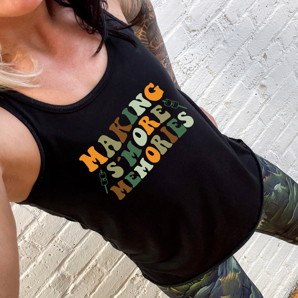 Black colored flowy tank with a graphic on it that says "Making S'More Memories"