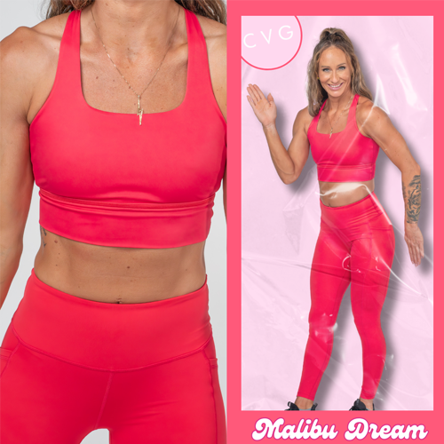 side by side of neon pink sports bra and a model in a mock doll box wearing the bra