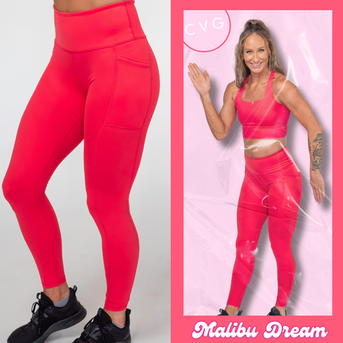side by side of neon pink leggings, and a model in a mock doll box wearing the leggings