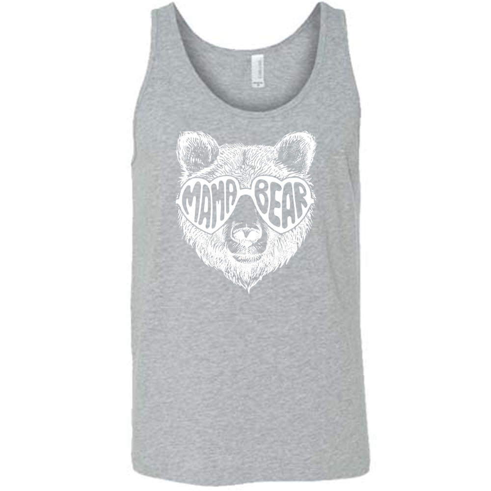 Grey colored tank with a bear wearing heart-shaped glasses graphic on it that says "Mama Bear" 