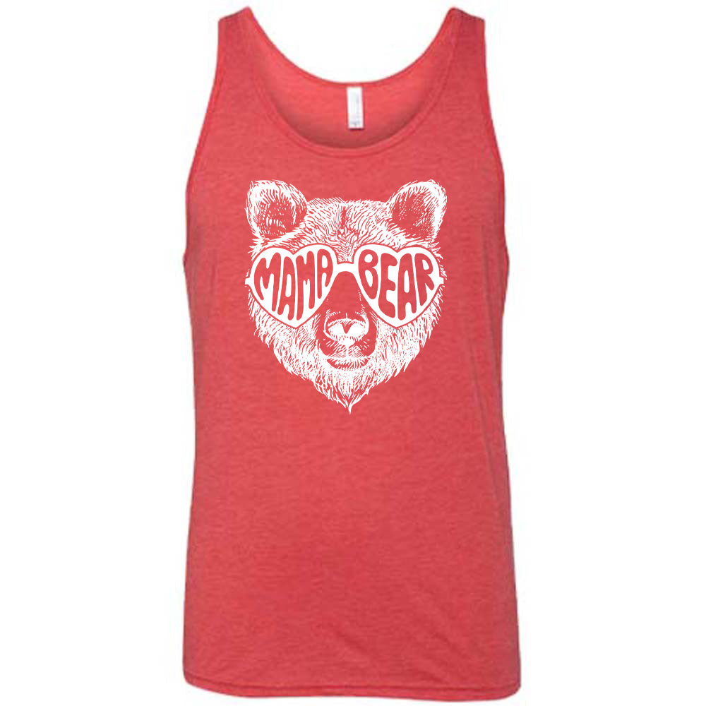 Red colored tank with a bear wearing heart-shaped glasses graphic on it that says "Mama Bear" 