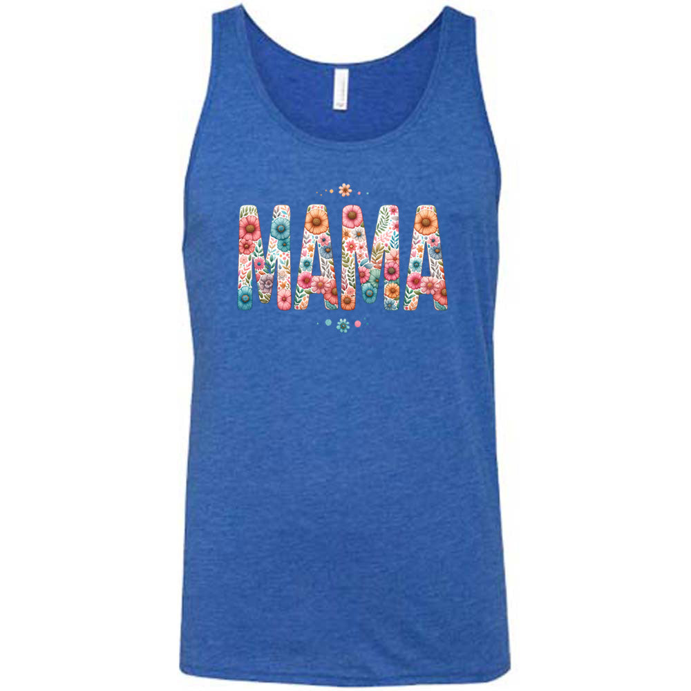 Blue colored shirt with a floral patterned graphic on it that says "MAMA" 