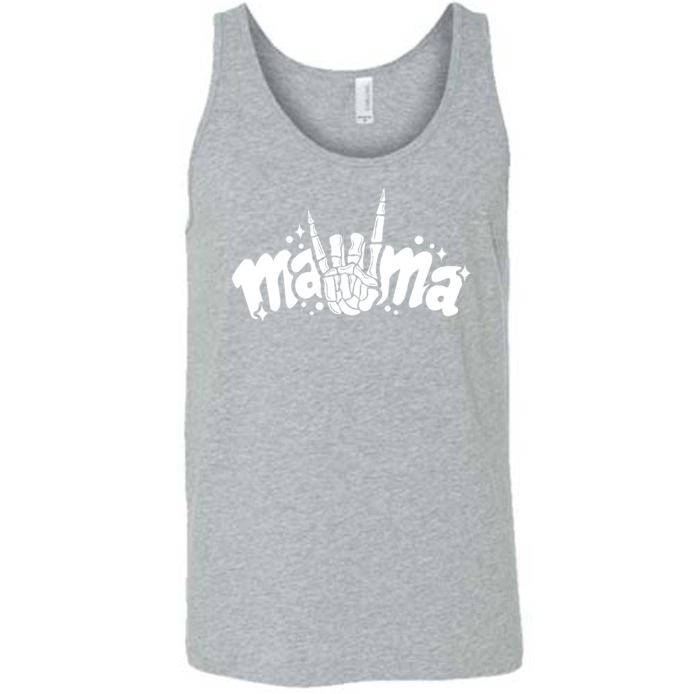 Grey colored tank with a skeleton hand horns graphic on it that says "mama" 