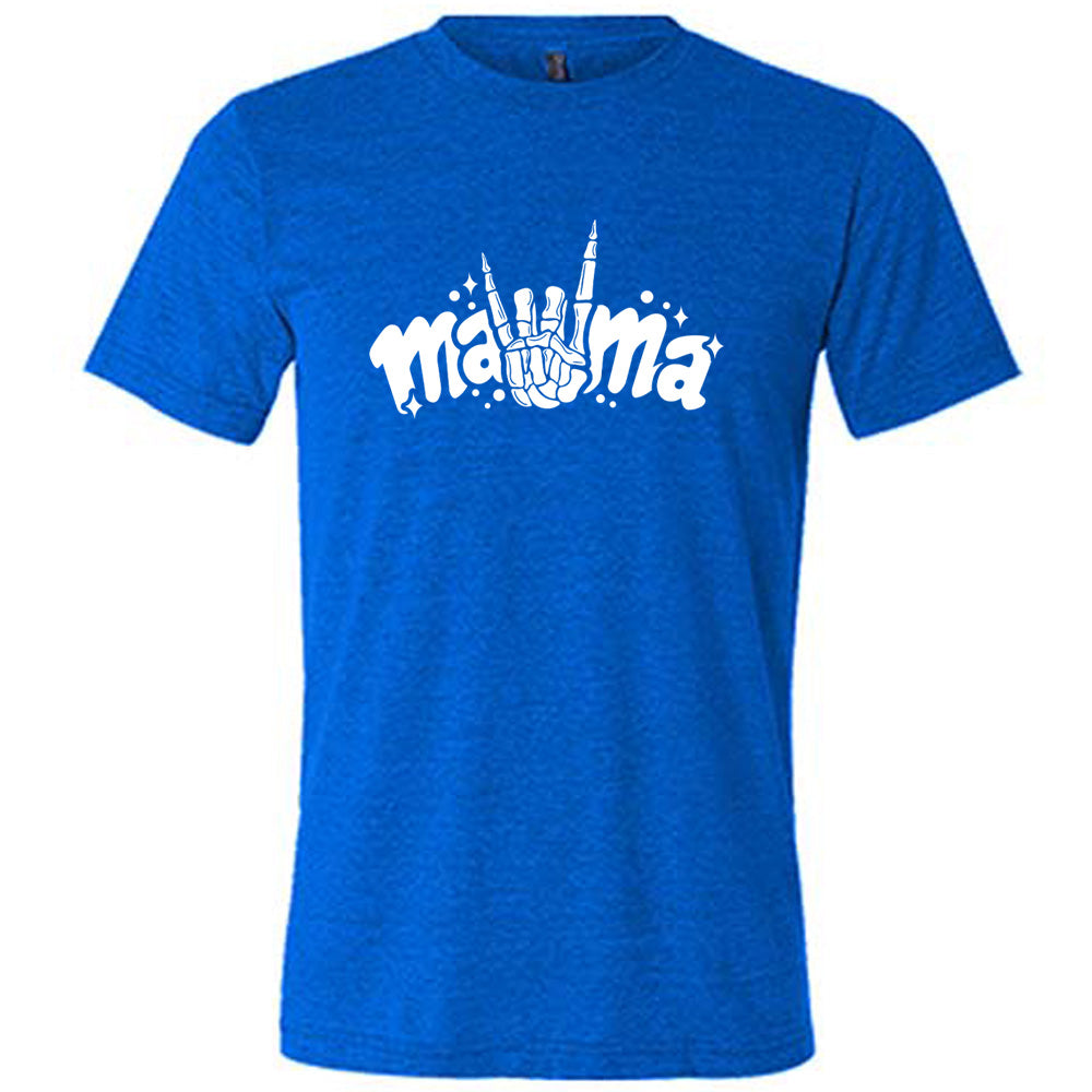 Blue colored shirt with a skeleton hand horns graphic on it that says "mama" 