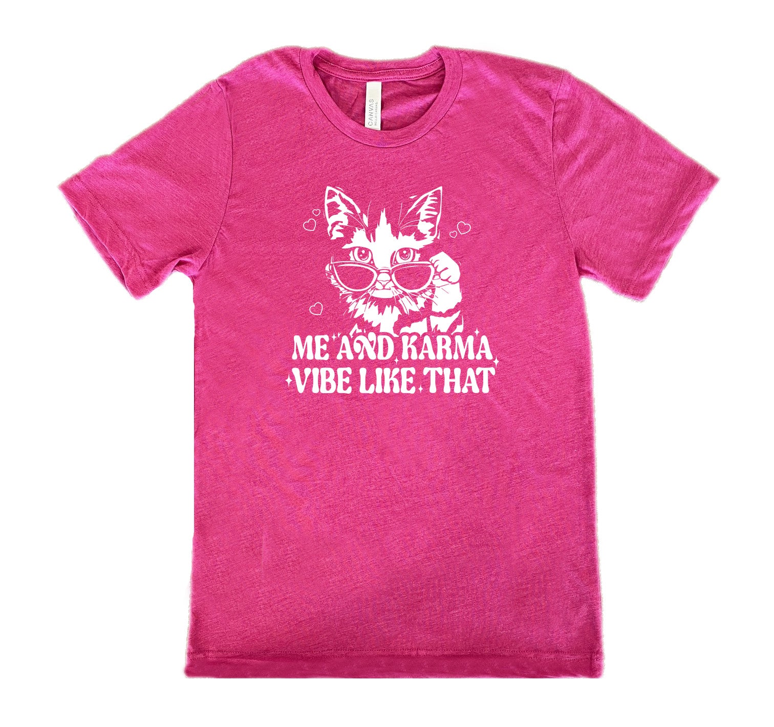 Berry colored shirt with a cat wearing sunglasses graphic on it that says "Me and Karma Vibe Like That" 