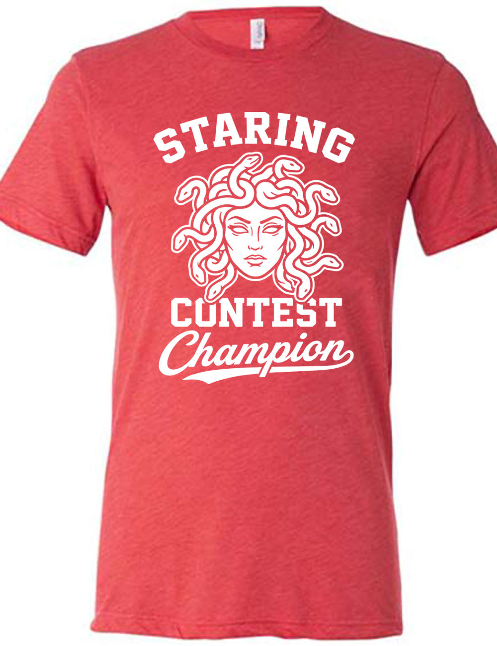 red unisex tee with words surrounding the graphic of medusa's head saying "staring contest champion"