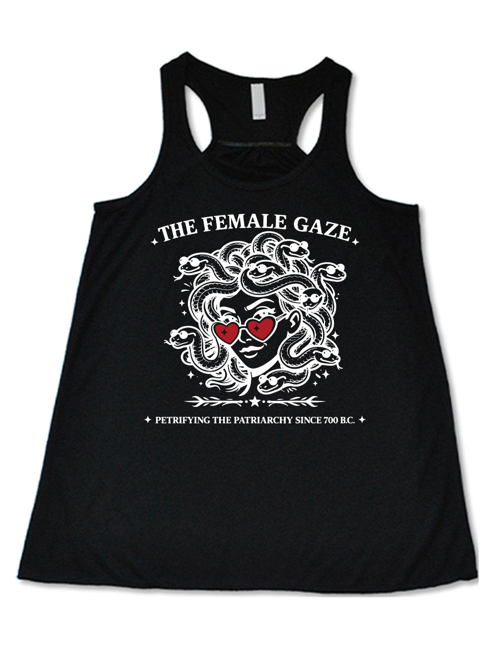 black flowy racerback tank with the detailed graphic of medusa, wearing red heart sunglasses, with sunglass-wearing snakes for hair, and the words above saying "THE FEMALE GAZE" with a little star on either end, and the smaller words below saying "petrifying the patriarchy since 700 B.C."