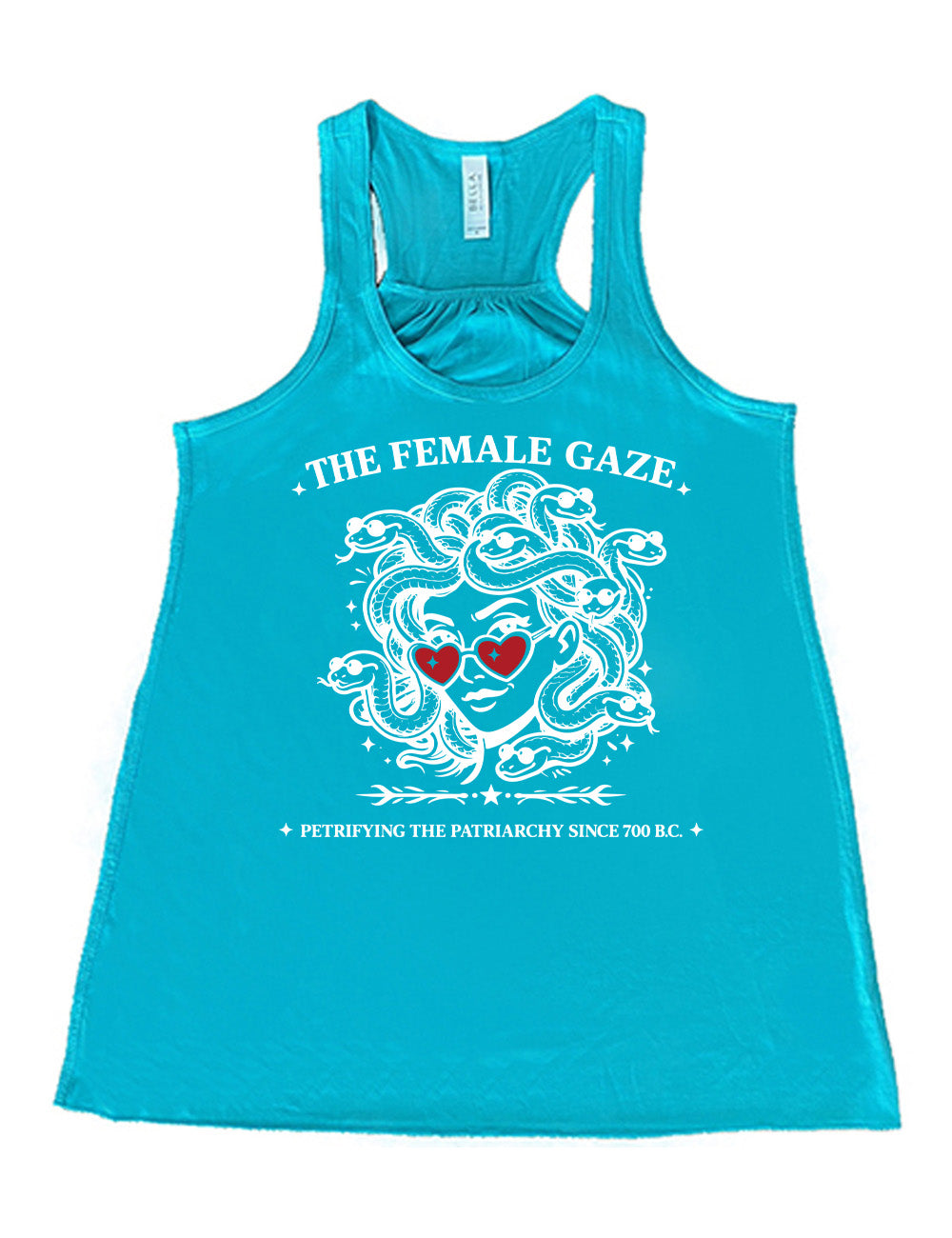 teal flowy racerback tank with the detailed graphic of medusa, wearing red heart sunglasses, with sunglass-wearing snakes for hair, and the words above saying "THE FEMALE GAZE" with a little star on either end, and the smaller words below saying "petrifying the patriarchy since 700 B.C."