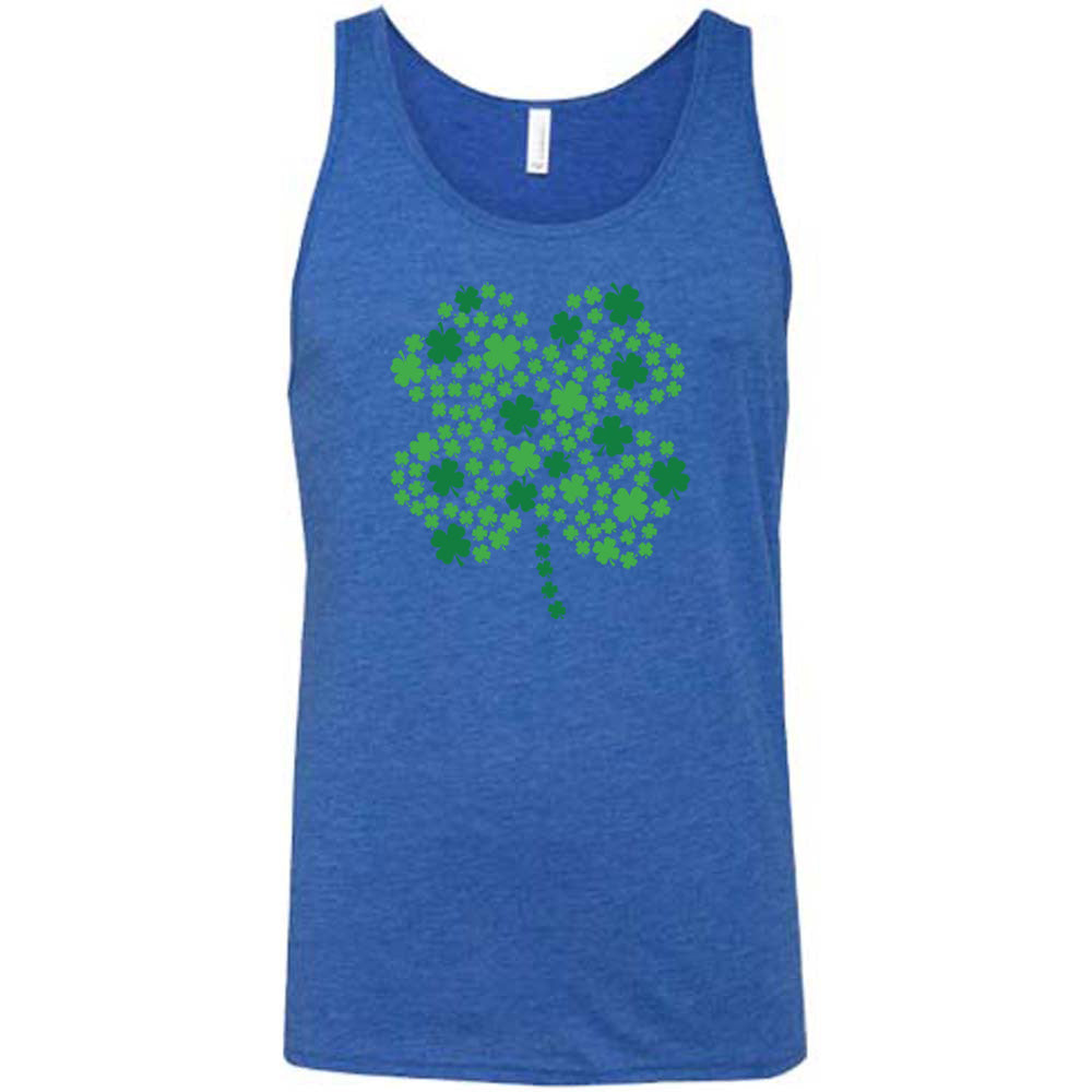 blue shirt with a shamrock graphic on it