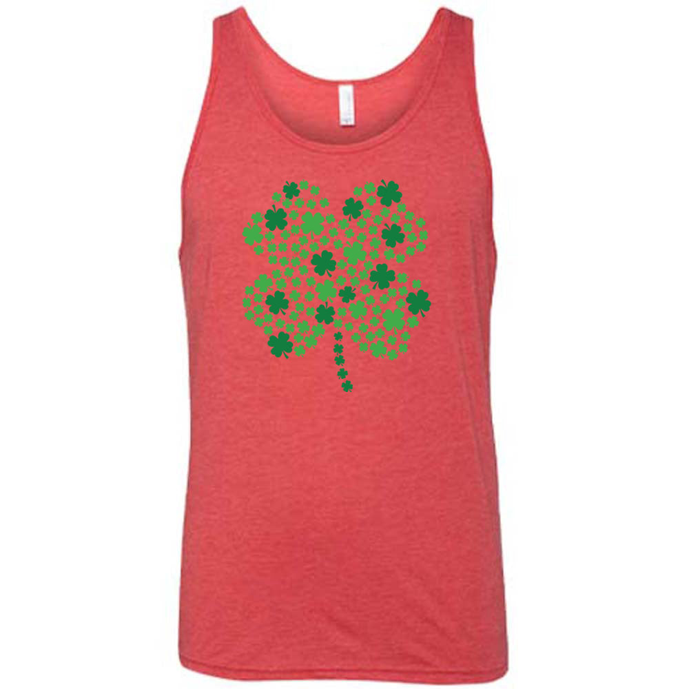 red shirt with a shamrock graphic on it