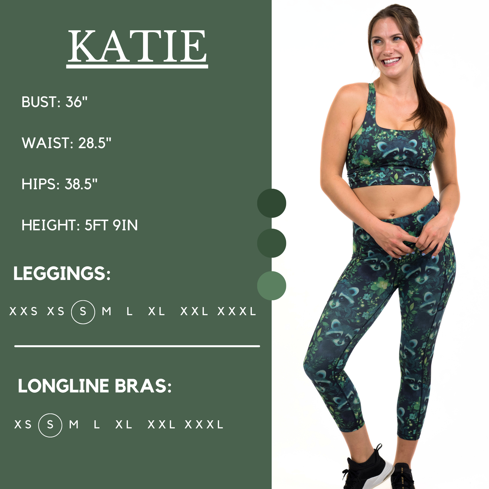 Model’s measurements of 36” bust, 28.5” waist, 38.5” hips and height of 5 ft 9 inches. She is wearing a size small in our leggings