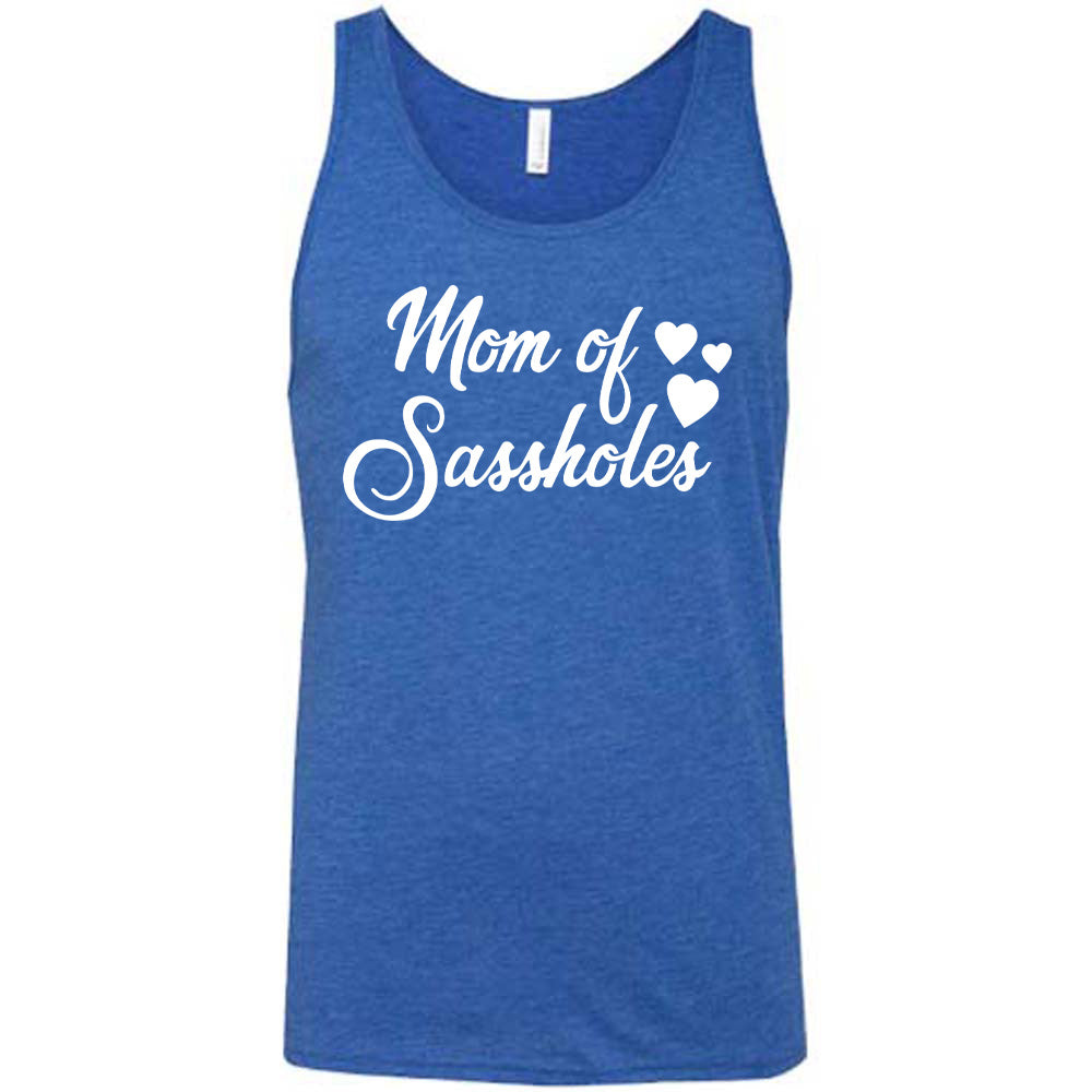 blue unisex tank with the words "mom of sassholes" on it, with three little stars next to the words