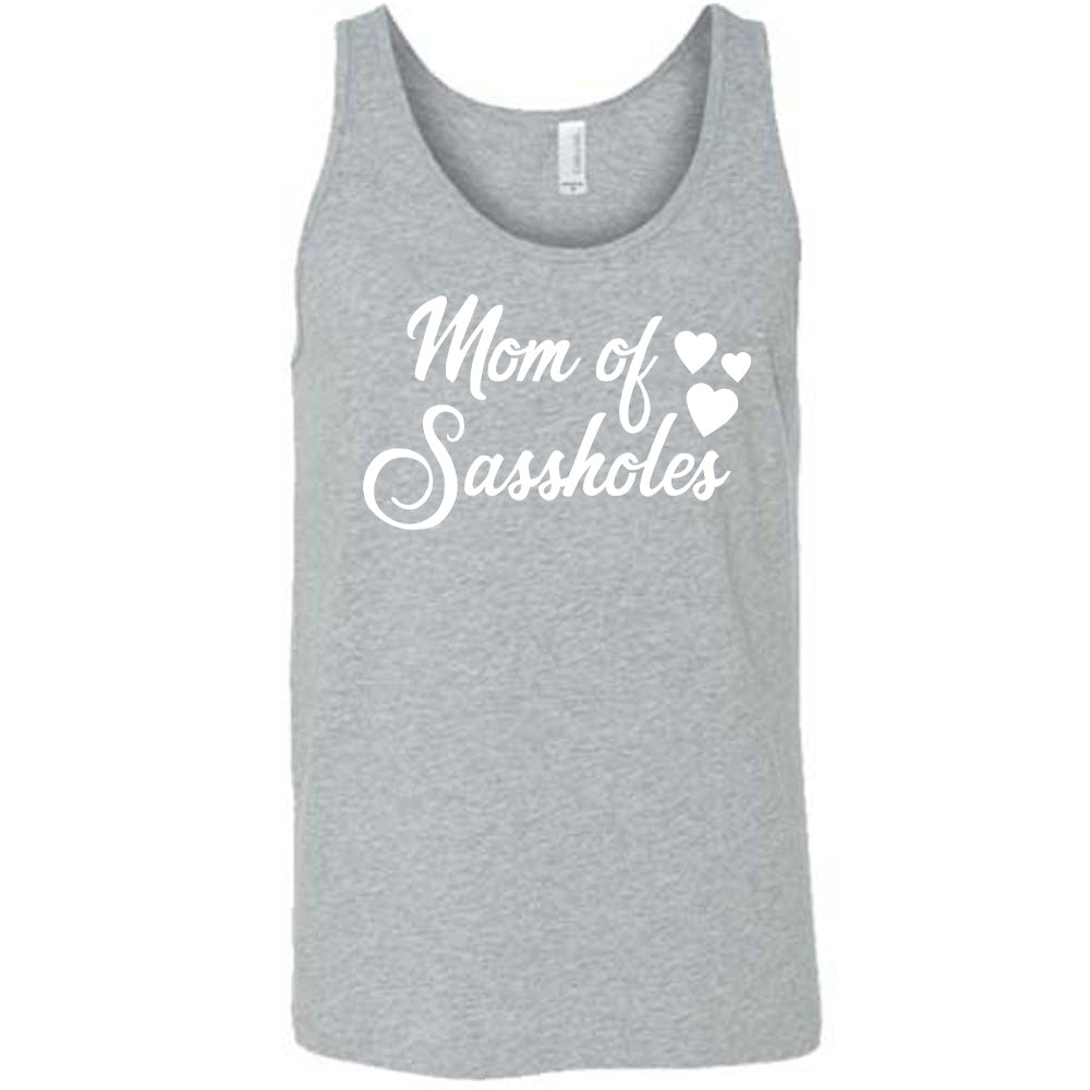 grey unisex tank with the words "mom of sassholes" on it, with three little stars next to the words