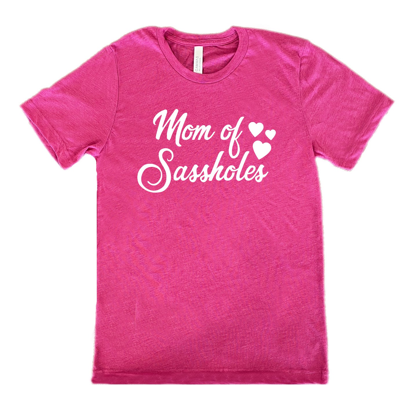 berry unisex tee with the words "mom of sassholes" on it, with three little stars next to the words