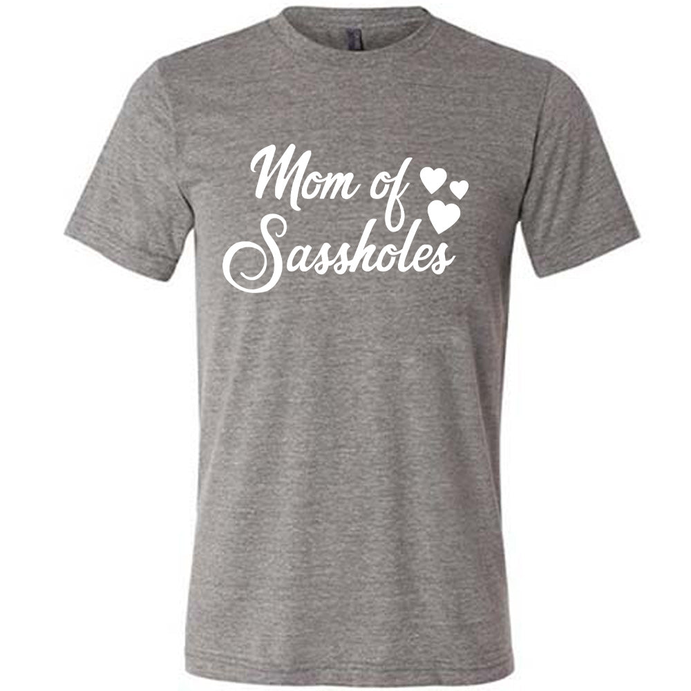 grey unisex tee with the words "mom of sassholes" on it, with three little stars next to the words