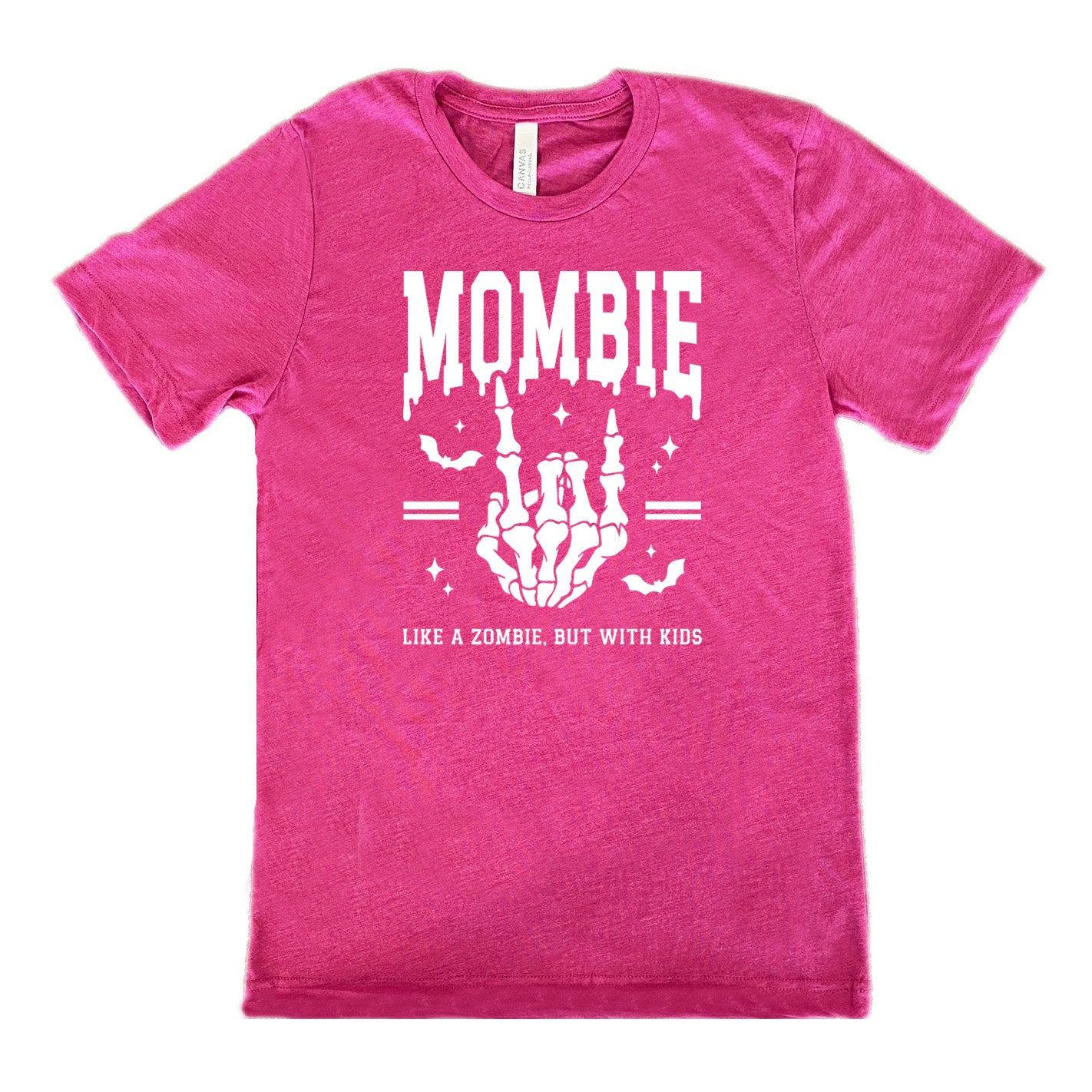 berry unisex tee with the big word "mombie" on it, with the graphic of a skeletal hand giving the rocker sign, with a couple bats and a number of little stars, and two equal signs, with small words underneath it all saying "like a zombie, but with kids"