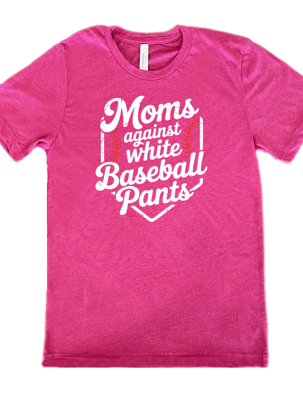 berry unisex tee with the words "moms against white baseball pants" on it, bordered by the baseball diamond, with baseball stitching on both sides of the words