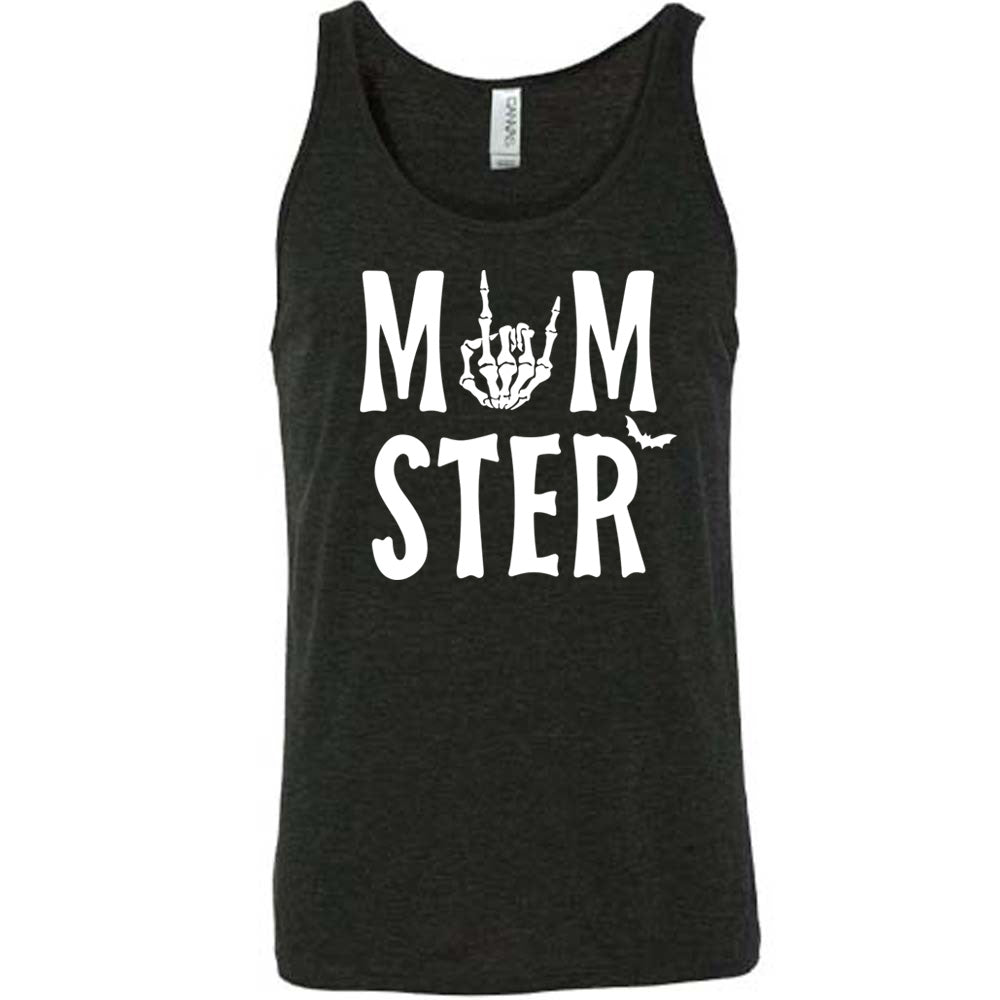 black unisex tank with the word "momster" on it, with the "o" of the word being the graphic of a skeletal rocker hand, and one little bat after the word