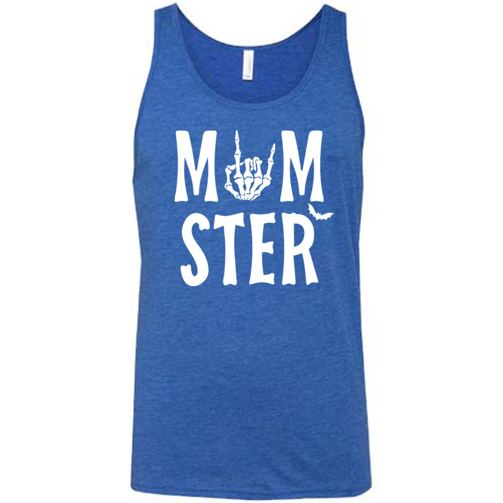 blue unisex tank with the word "momster" on it, with the "o" of the word being the graphic of a skeletal rocker hand, and one little bat after the word