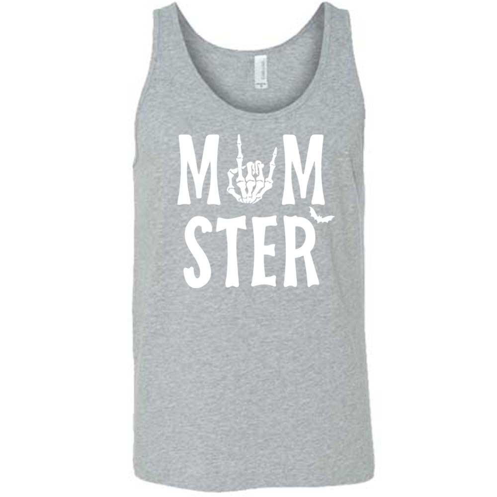 grey unisex tank with the word "momster" on it, with the "o" of the word being the graphic of a skeletal rocker hand, and one little bat after the word