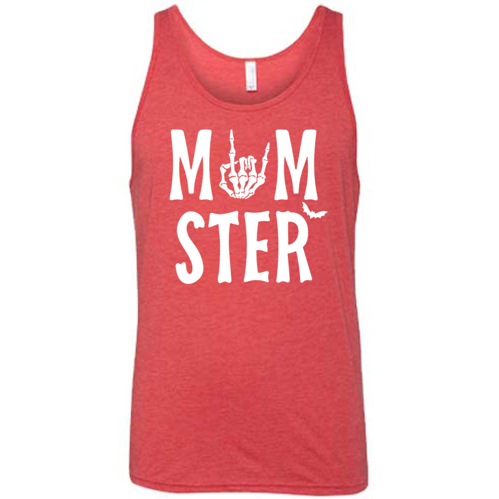 red unisex tank with the word "momster" on it, with the "o" of the word being the graphic of a skeletal rocker hand, and one little bat after the word