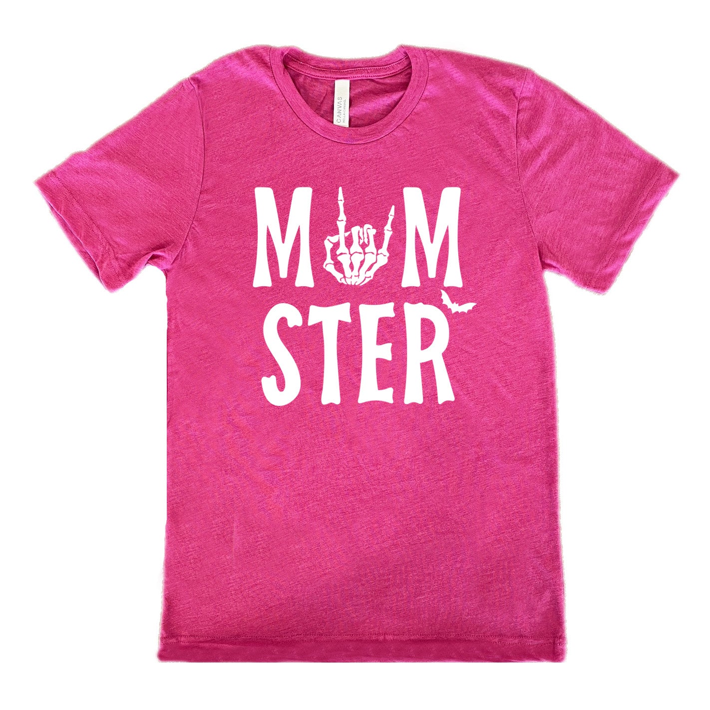 berry unisex tee with the word "momster" on it, with the "o" of the word being the graphic of a skeletal rocker hand, and one little bat after the word