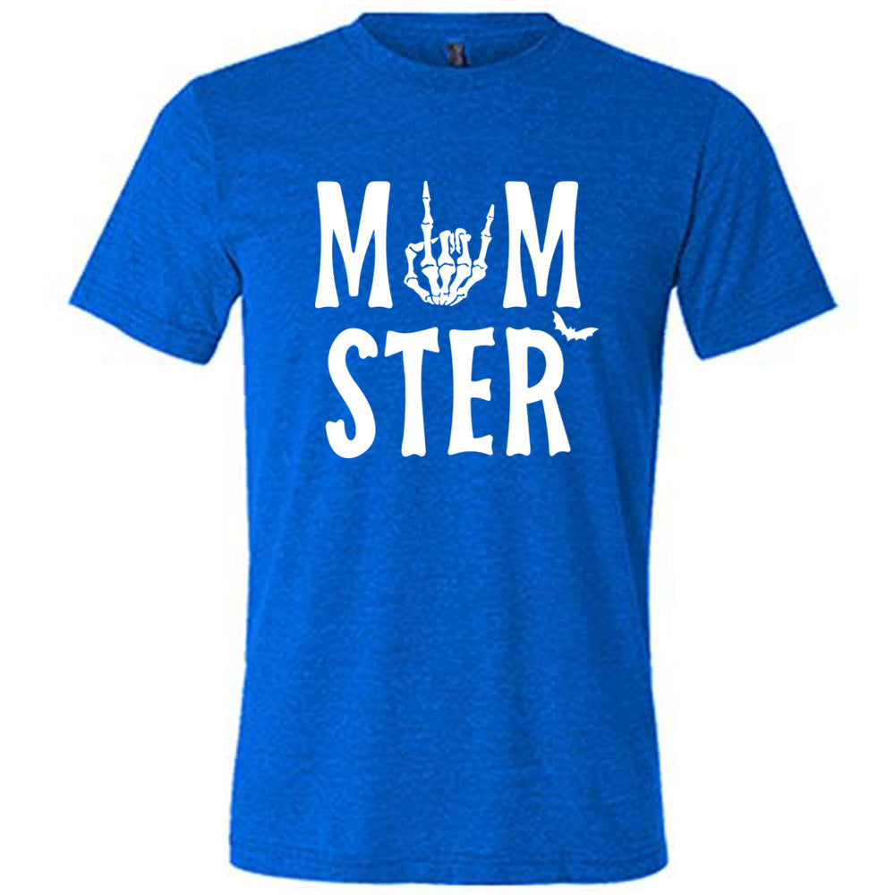 blue unisex tee with the word "momster" on it, with the "o" of the word being the graphic of a skeletal rocker hand, and one little bat after the word