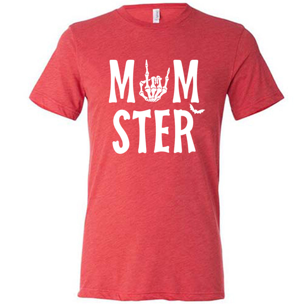 red unisex tee with the word "momster" on it, with the "o" of the word being the graphic of a skeletal rocker hand, and one little bat after the word