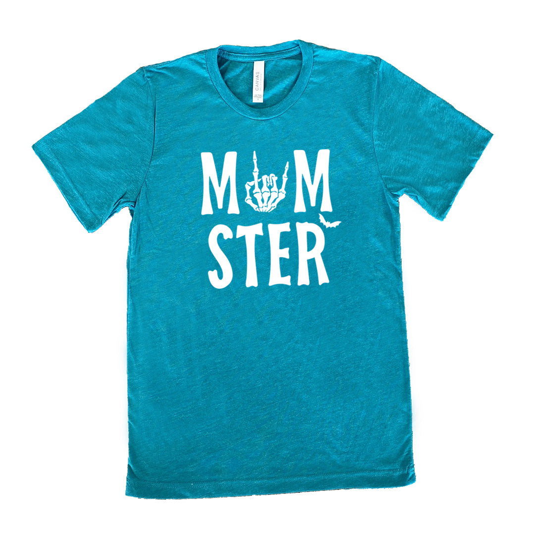 teal unisex tee with the word "momster" on it, with the "o" of the word being the graphic of a skeletal rocker hand, and one little bat after the word