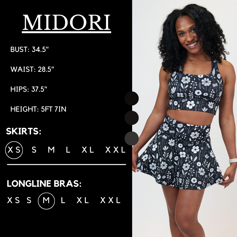 Model’s measurements of 34.5” bust, 28.5” waist, 37.5” hips and height of 5 ft 7 inches. She is wearing a size xs in the skirt