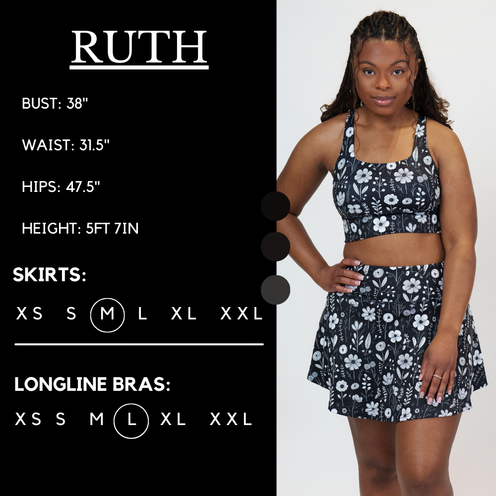 Model’s measurements of 37.5” bust, 31.5” waist, 47.5” hips and height of 5 ft 7 inches. She is wearing a size medium in the skirt