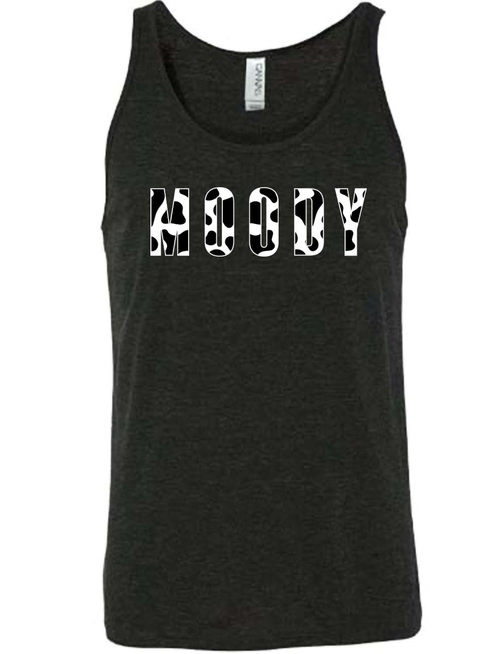 black unisex tank with the word "moody" in all caps on it, with the font being cow print