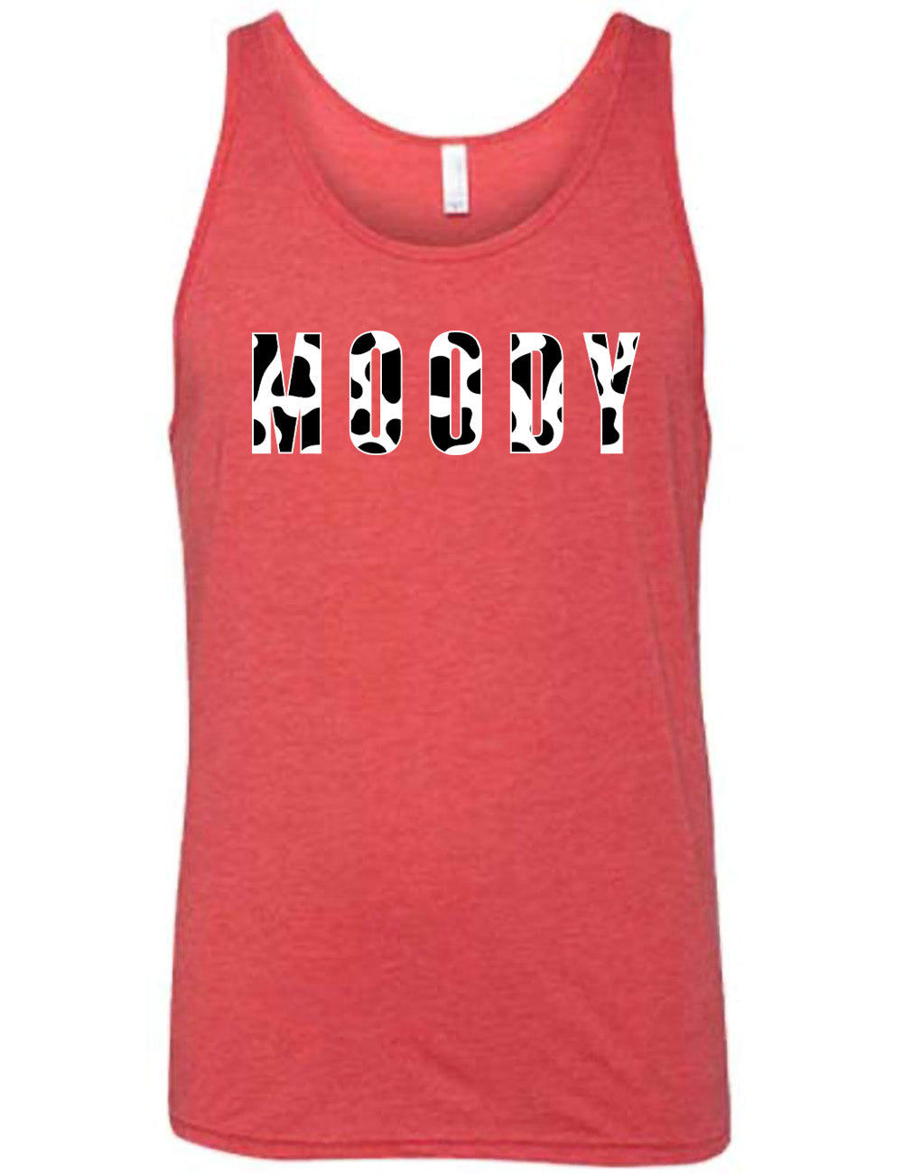 red unisex tank with the word "moody" in all caps on it, with the font being cow print