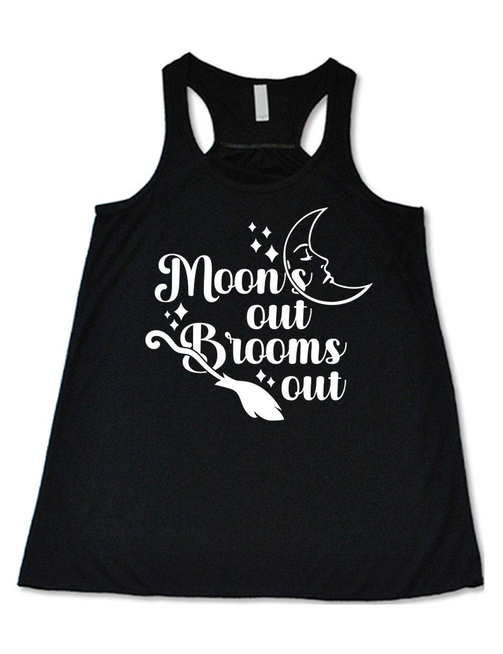 black flowy racerback tank with the words "moon's out brooms out" on it, with the line graphic of a crescent moon, with a sleeping face, and the graphic of a broom, and a few scattered stars