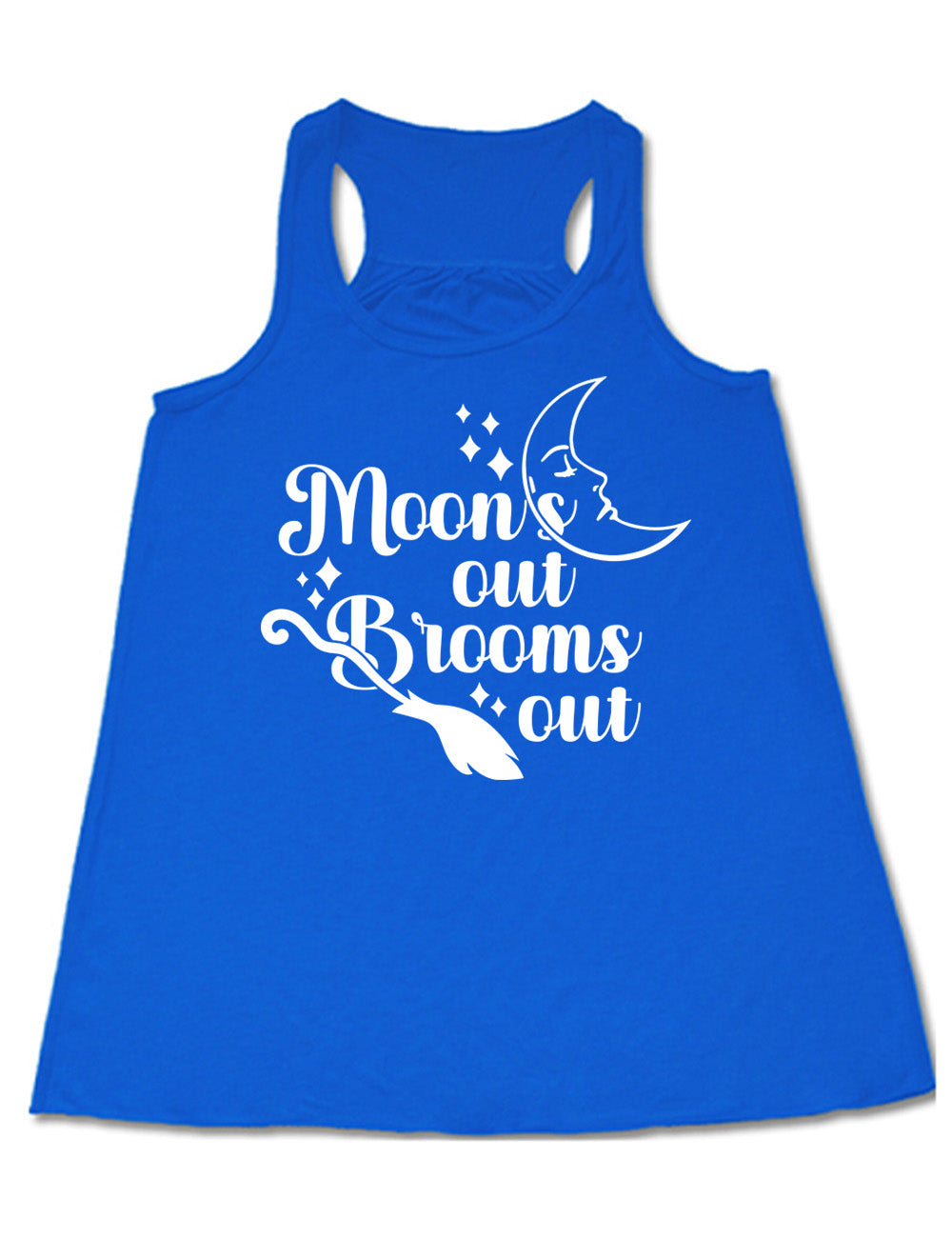 blue flowy racerback tank with the words "moon's out brooms out" on it, with the line graphic of a crescent moon, with a sleeping face, and the graphic of a broom, and a few scattered stars