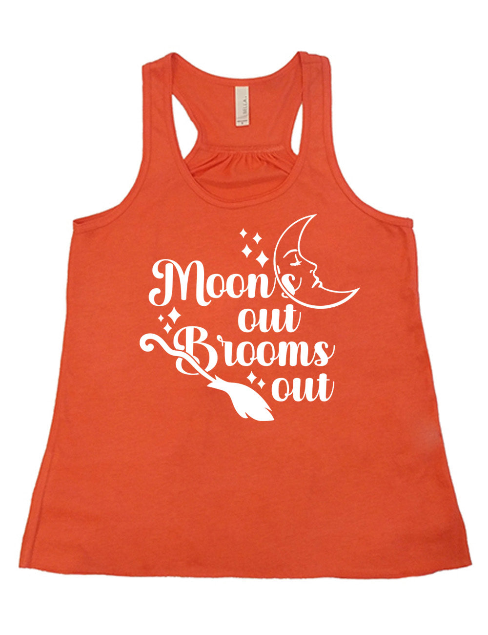 coral flowy racerback tank with the words "moon's out brooms out" on it, with the line graphic of a crescent moon, with a sleeping face, and the graphic of a broom, and a few scattered stars