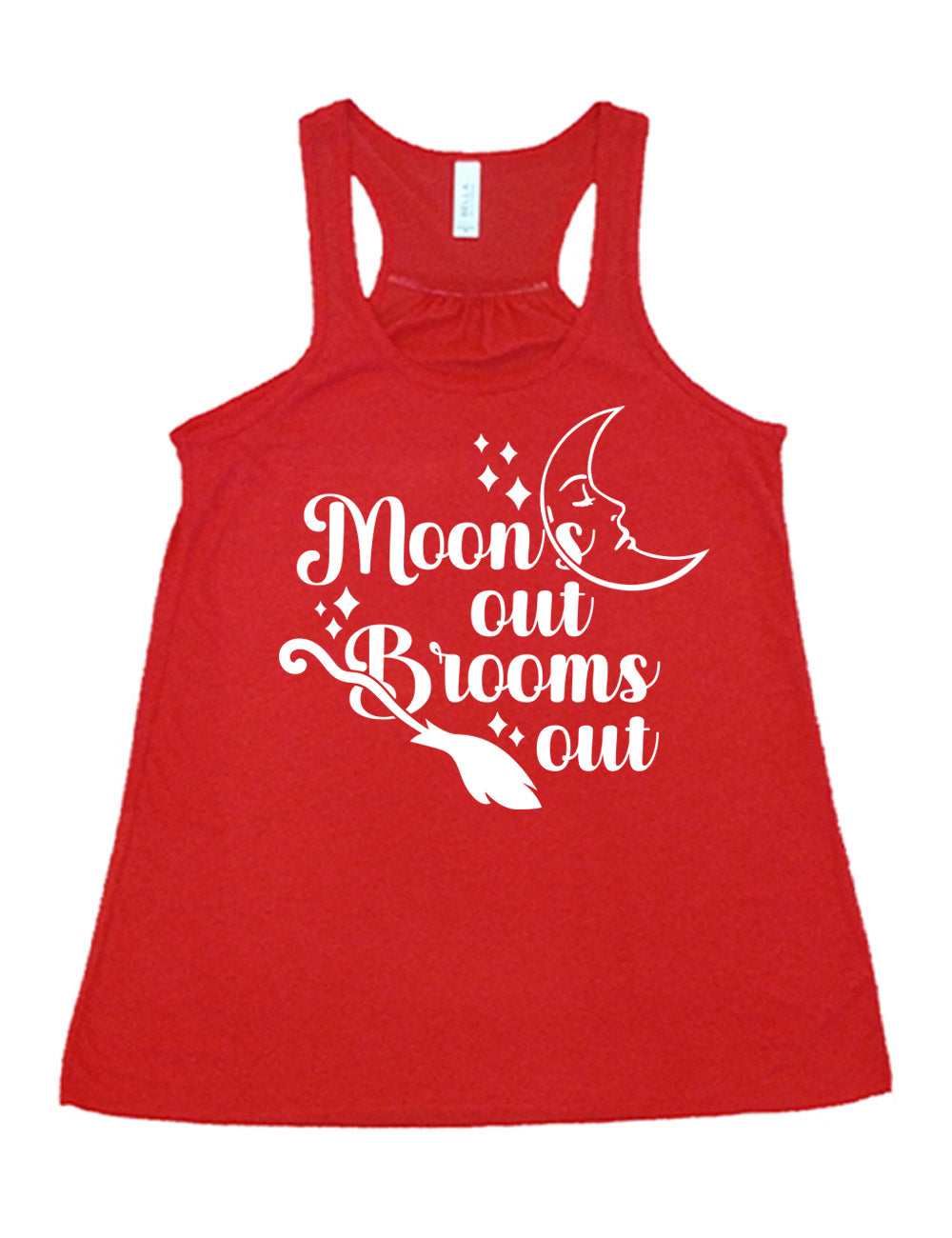 red flowy racerback tank with the words "moon's out brooms out" on it, with the line graphic of a crescent moon, with a sleeping face, and the graphic of a broom, and a few scattered stars