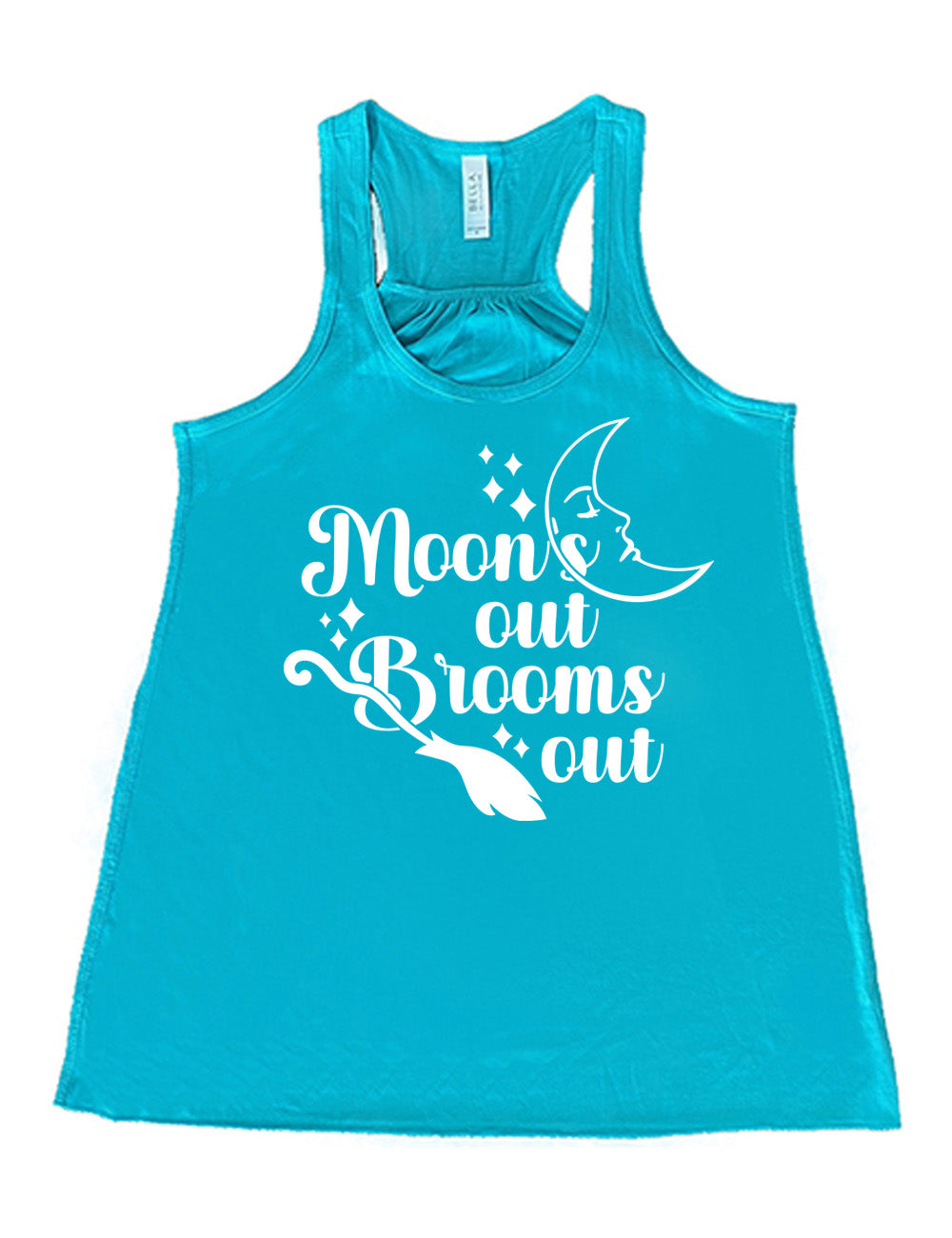 teal flowy racerback tank with the words "moon's out brooms out" on it, with the line graphic of a crescent moon, with a sleeping face, and the graphic of a broom, and a few scattered stars