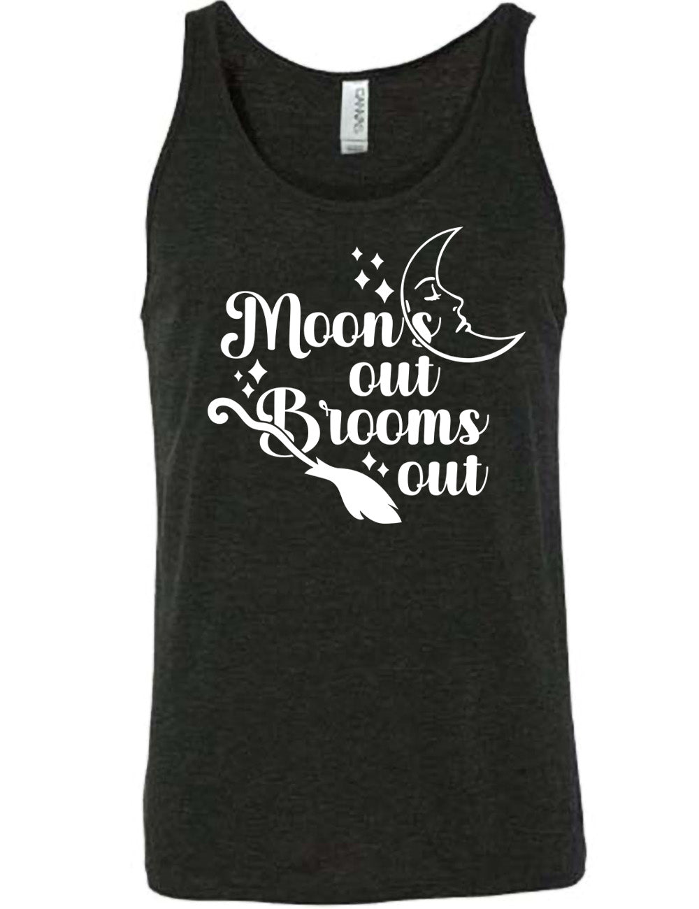 black unisex tank with the words "moon's out brooms out" on it, with the line graphic of a crescent moon, with a sleeping face, and the graphic of a broom, and a few scattered stars