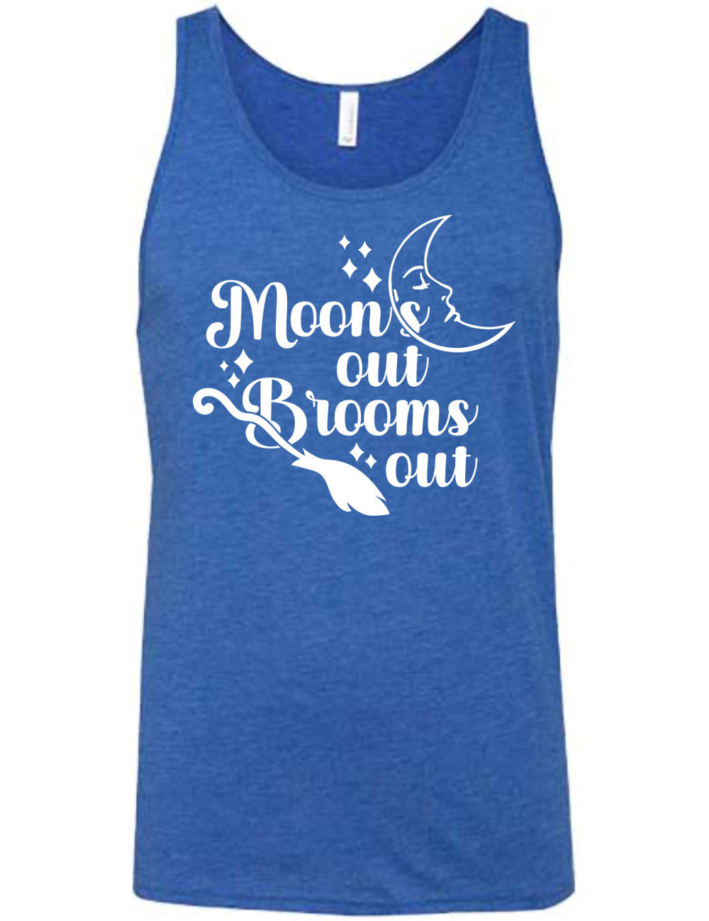 blue unisex tank with the words "moon's out brooms out" on it, with the line graphic of a crescent moon, with a sleeping face, and the graphic of a broom, and a few scattered stars