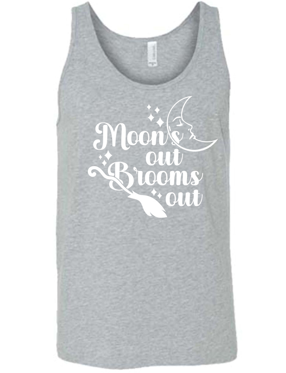 grey unisex tank with the words "moon's out brooms out" on it, with the line graphic of a crescent moon, with a sleeping face, and the graphic of a broom, and a few scattered stars