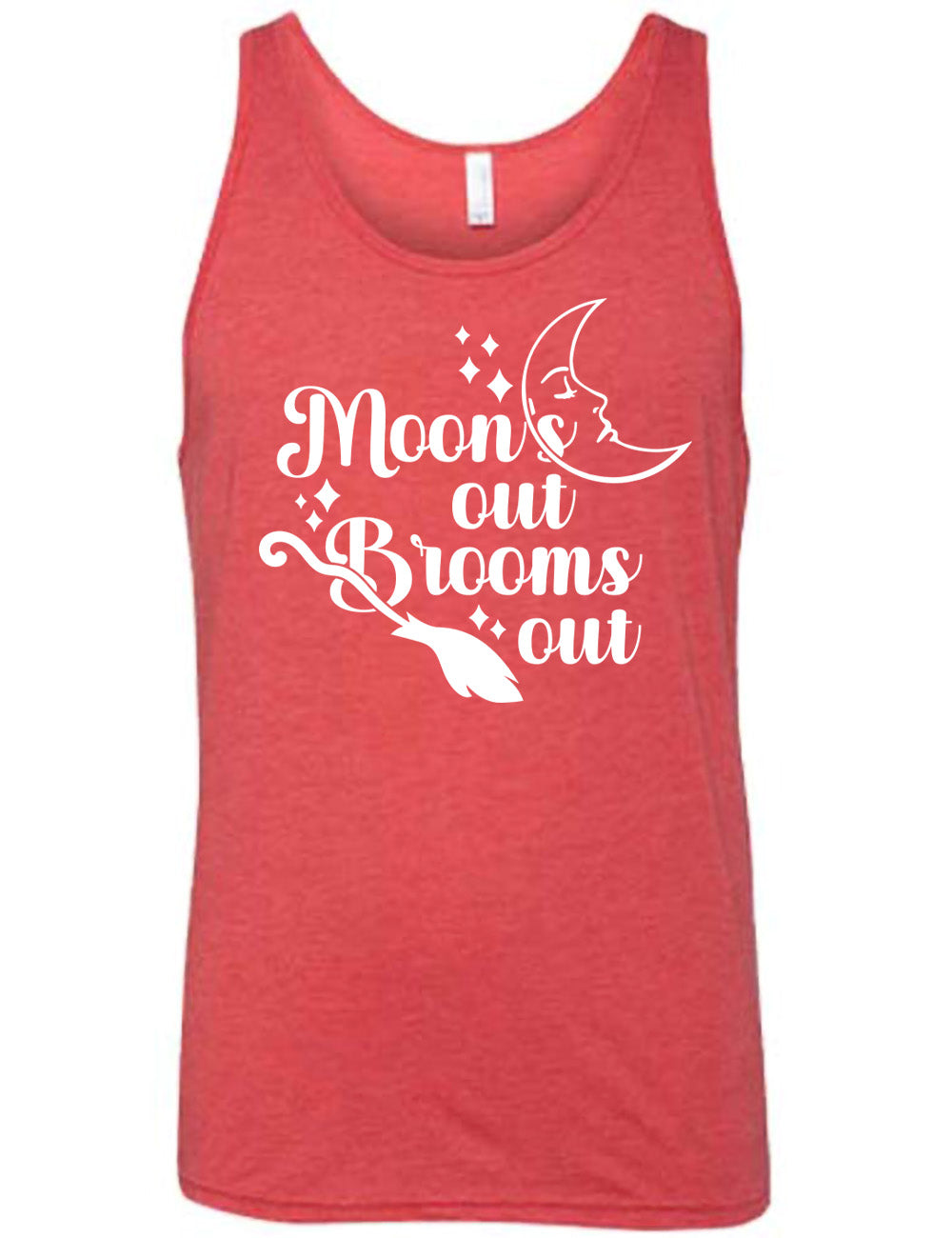 red unisex tank with the words "moon's out brooms out" on it, with the line graphic of a crescent moon, with a sleeping face, and the graphic of a broom, and a few scattered stars