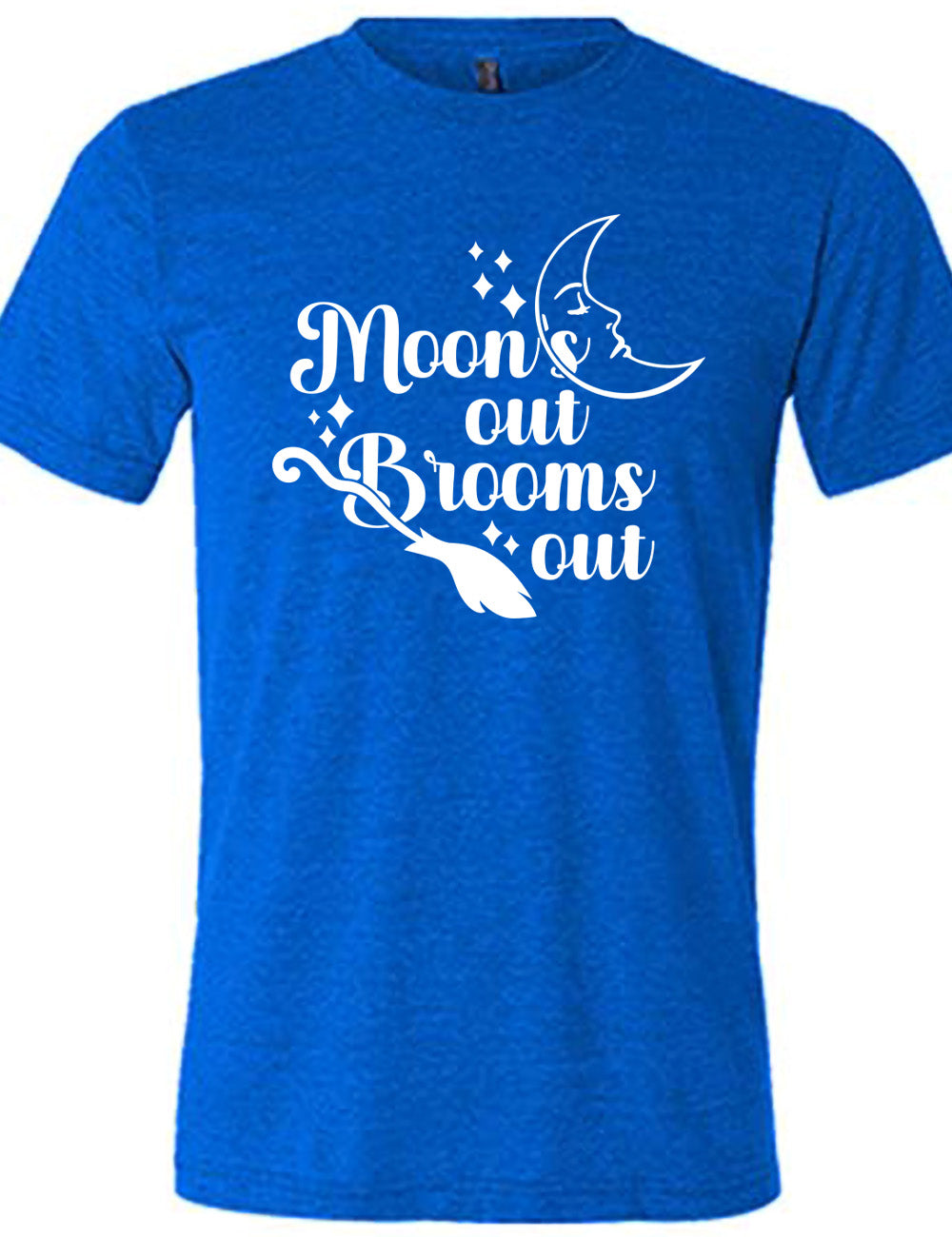 blue unisex tee with the words "moon's out brooms out" on it, with the line graphic of a crescent moon, with a sleeping face, and the graphic of a broom, and a few scattered stars