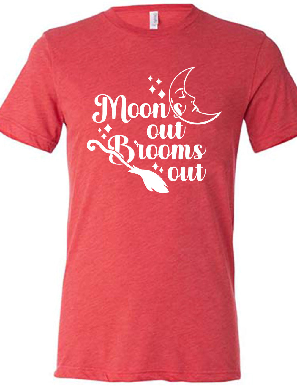 red unisex tee with the words "moon's out brooms out" on it, with the line graphic of a crescent moon, with a sleeping face, and the graphic of a broom, and a few scattered stars
