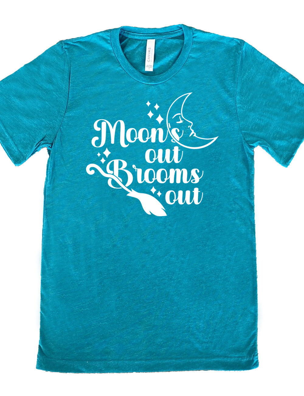 teal unisex tee with the words "moon's out brooms out" on it, with the line graphic of a crescent moon, with a sleeping face, and the graphic of a broom, and a few scattered stars